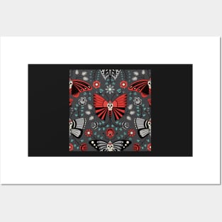 Gothic Halloween design featuring Butterflies, Skulls and Flowers Posters and Art